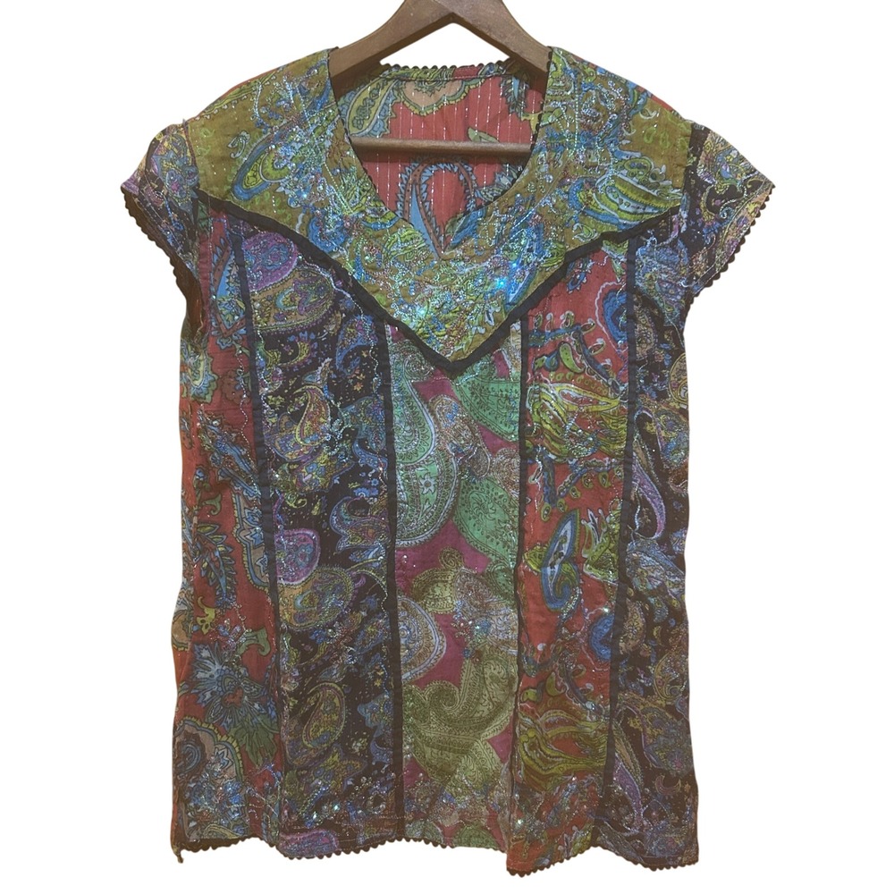 Blouse Womens M (read) Multicolor‎ Sequin Patchwork Style Boho Gypsy Festival